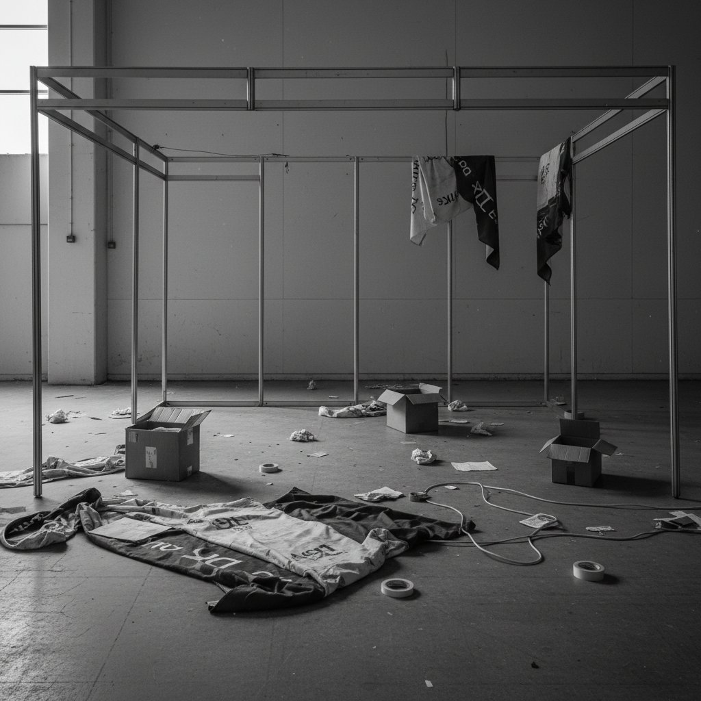 Opuszczone stoisko targowe po nieudanej kampanii multimedialnej, puste materiały brandingowe