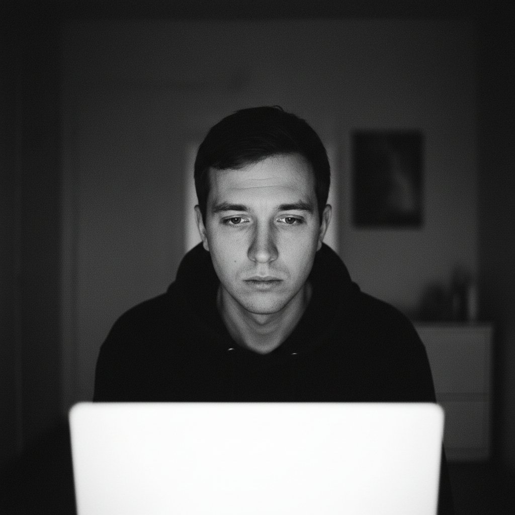 Osoba wpatrzona beznamiętnie w ekran komputera, zimne światło, brak emocji i autentyczności