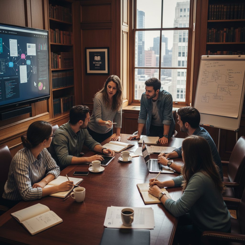 Diverse team of startup founders and researchers collaborating over laptops, contrasting with a traditional academic boardroom, representing competition in academic research software development