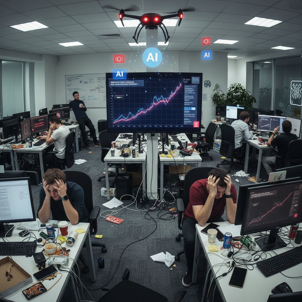 Start-up office in chaos, staff overwhelmed by multiple screens and AI notifications