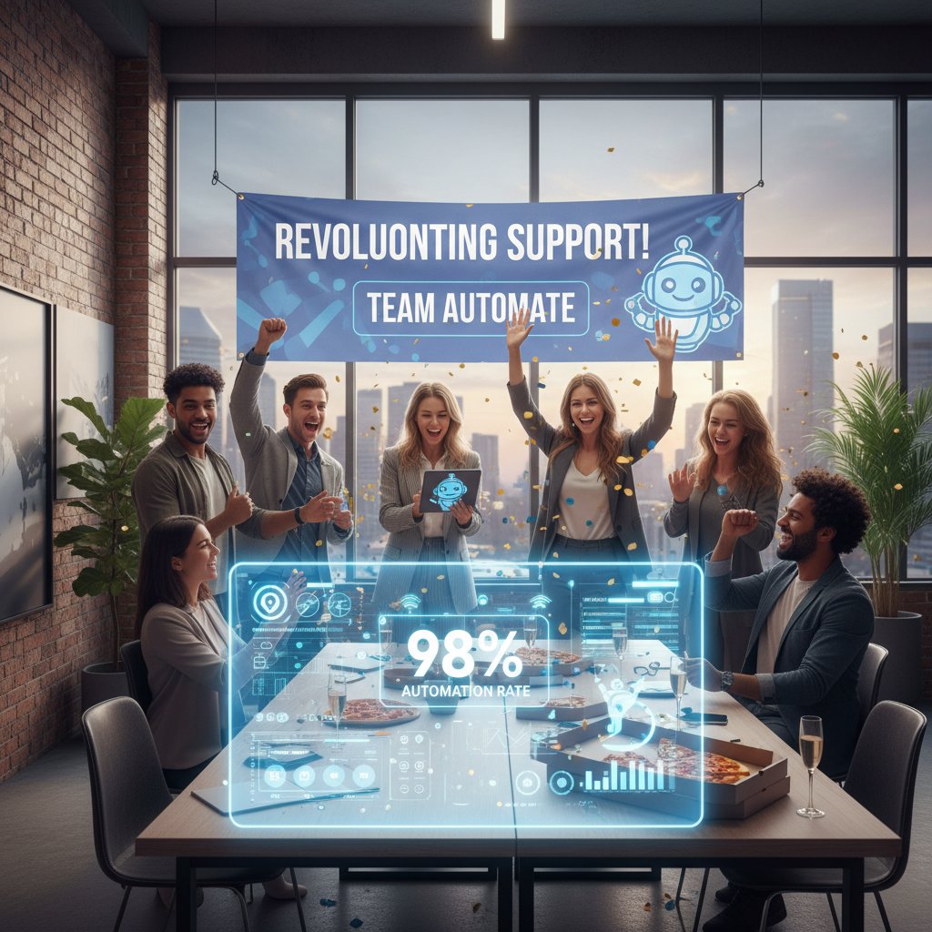 Photo of a startup office celebrating success, with screens displaying customer support metrics and chatbots in action