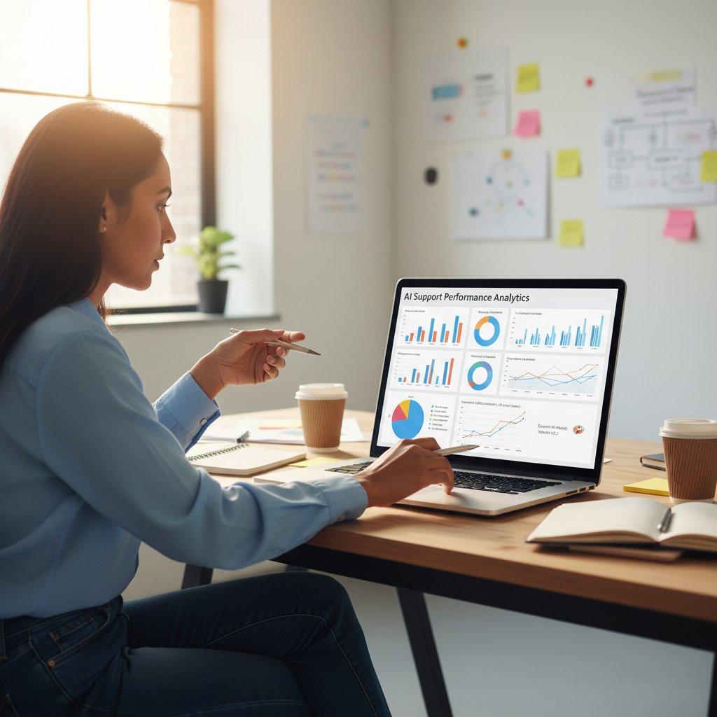 Startup founder analyzing AI support performance on laptop