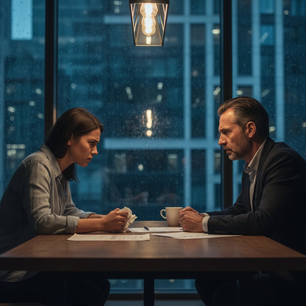 Założyciel startupu podczas trudnej rozmowy z doradcą, wyraz twarzy pełen napięcia, wieczorna sceneria