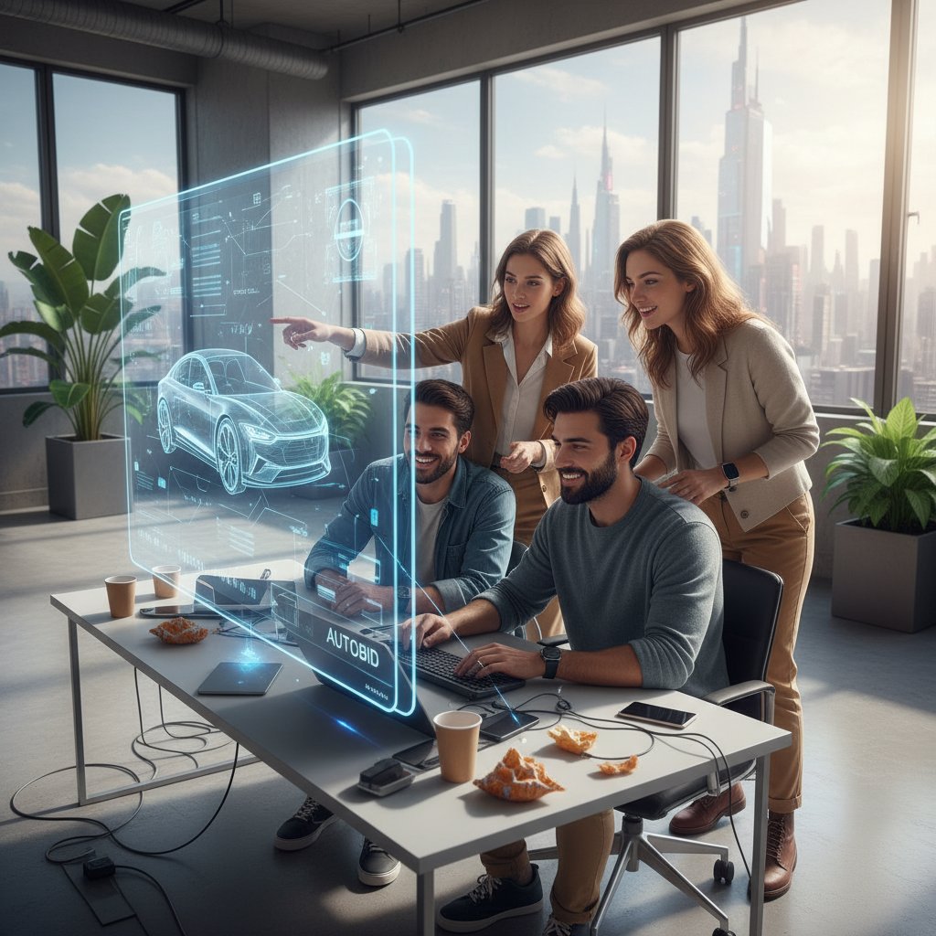 Startup founders strategizing digital car selling platforms in modern office, conveying energy and innovation