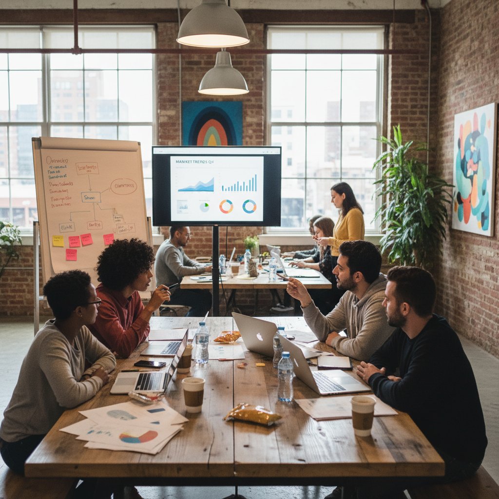 Założyciele startupu analizujący dane rynkowe, coworking space, laptopy, burza mózgów