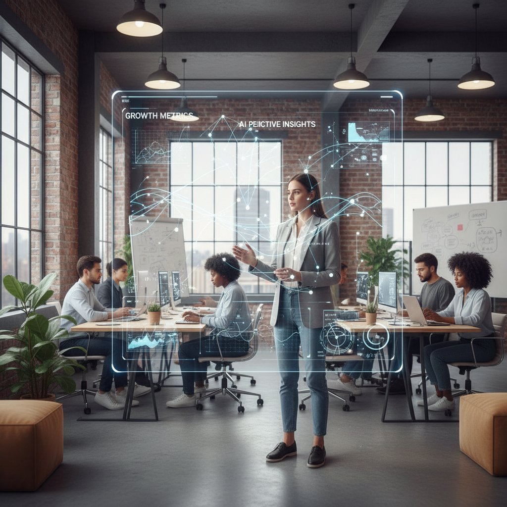 Fotografia menedżera analizującego dane z AI na ekranie monitora, biuro startupowe