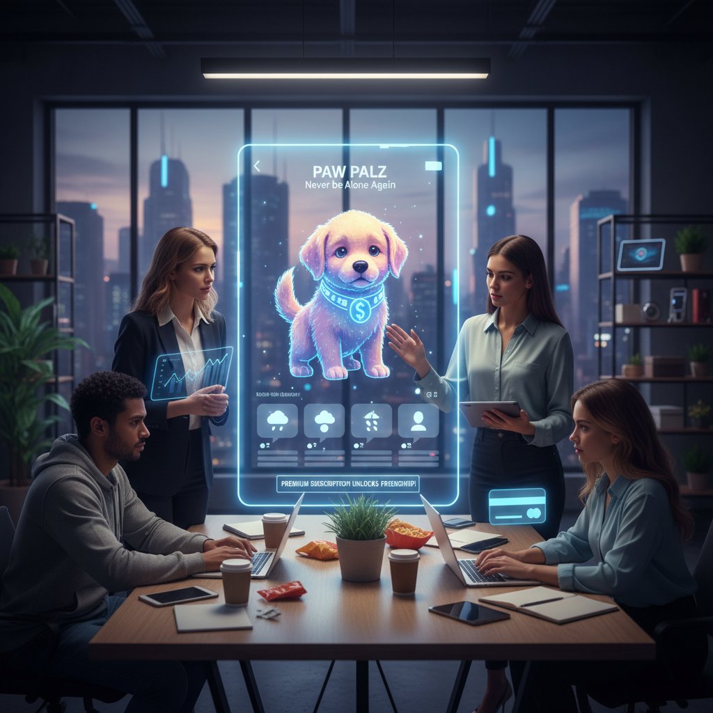 Start-up Meeting, Fokus auf Bildschirm mit virtueller Hund-App, Thema Kommerzialisierung Einsamkeit