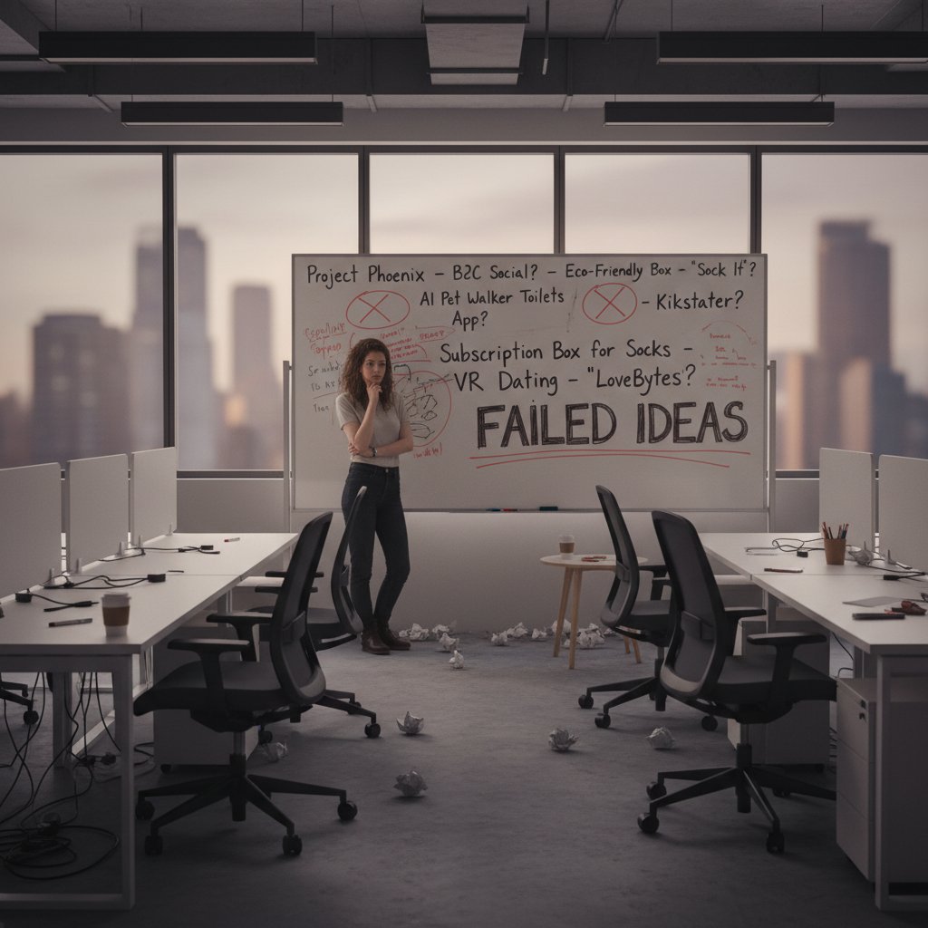 Opuszczone biuro start-upu po porażce, founder patrzy na tablicę z nieudanymi pomysłami, startup online korepetycje