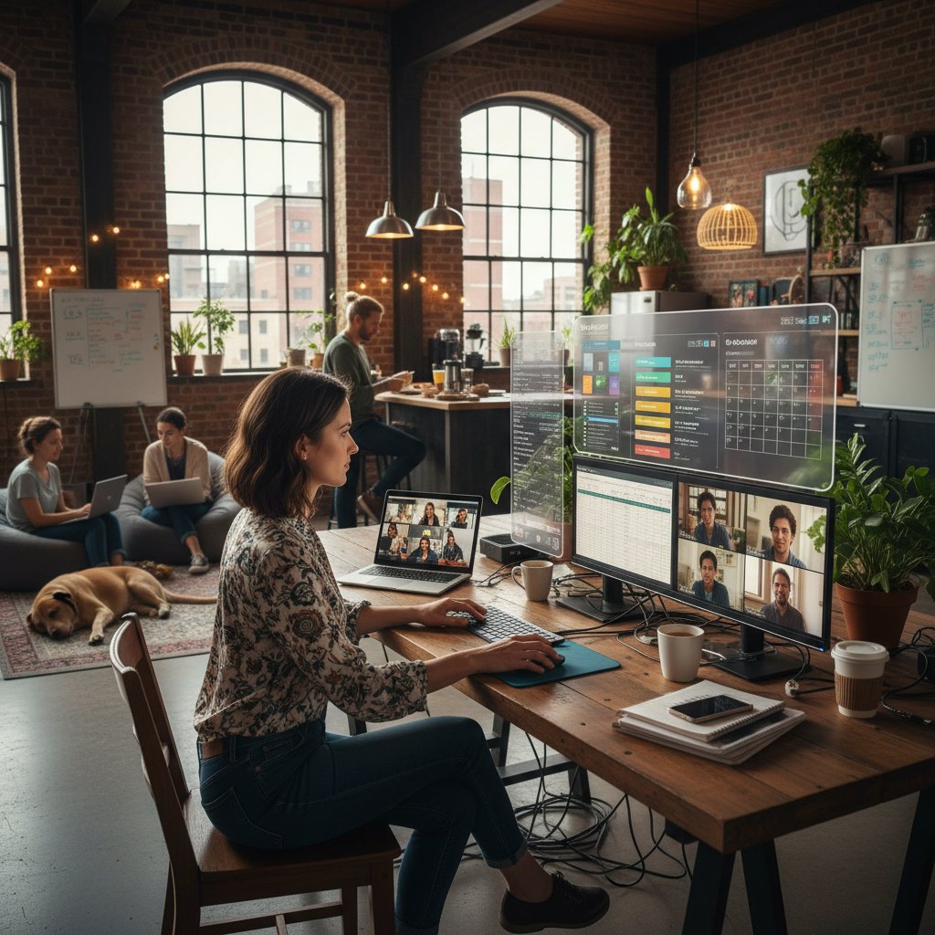 Startup remote office coordinator managing multiple roles with digital dashboards, busy loft background