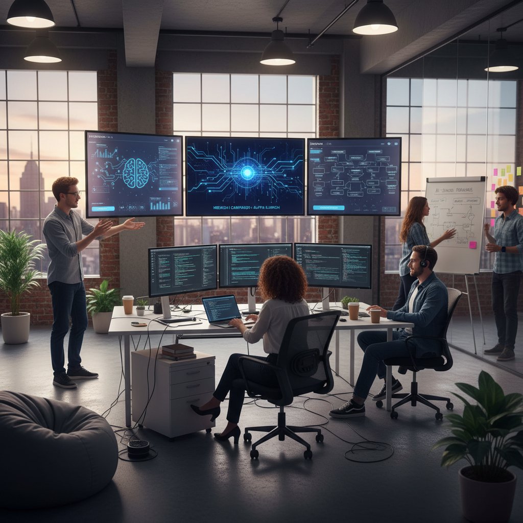 Zespół startupu pracujący z AI nad kampanią, dynamiczna scena otwartego biura