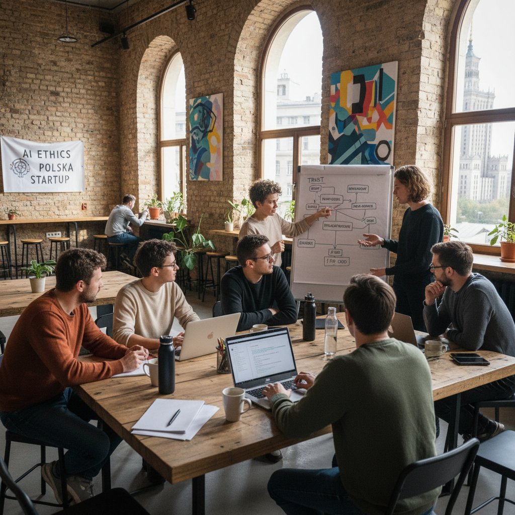 Zespół startupowy debatuje nad etycznymi wyzwaniami AI w przestrzeni coworkingowej – polska scena innowacji technologicznych