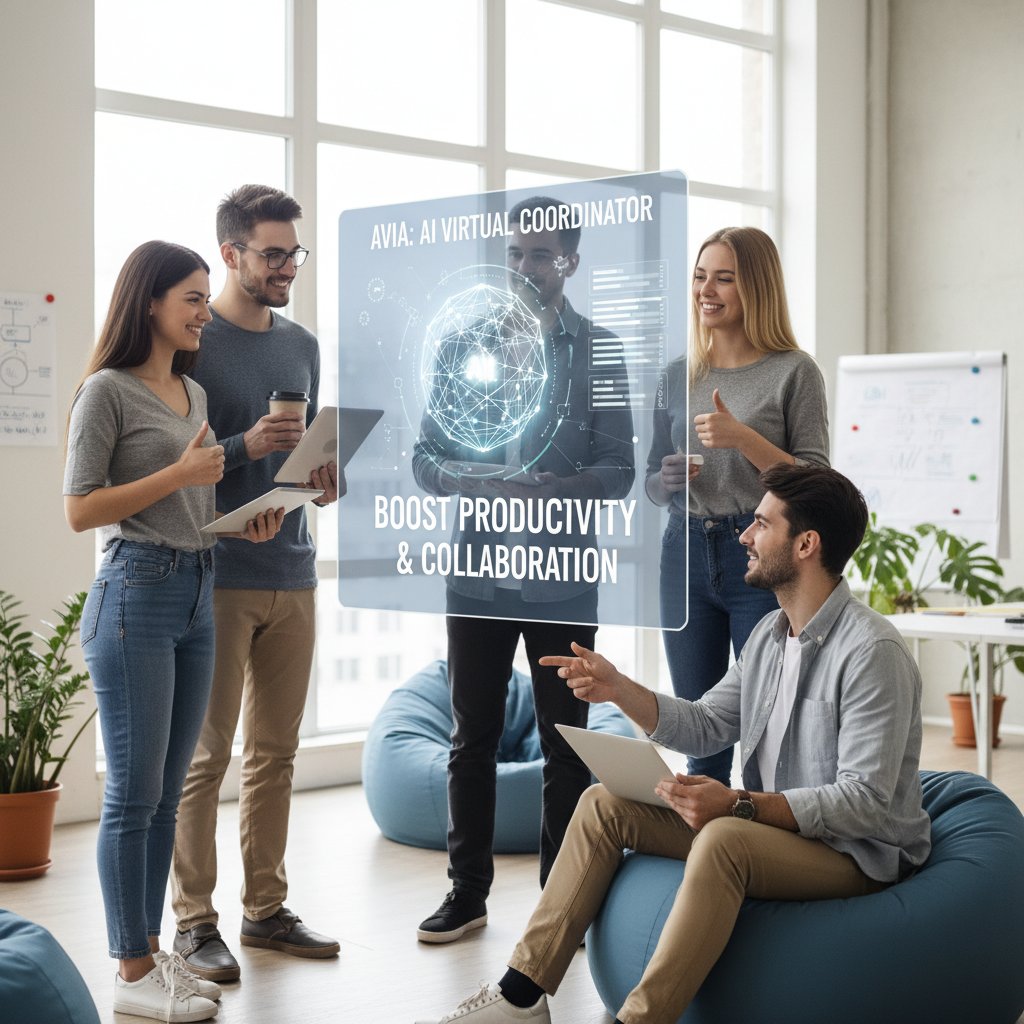 Startup team using AI-powered virtual coordinator to boost productivity and collaboration