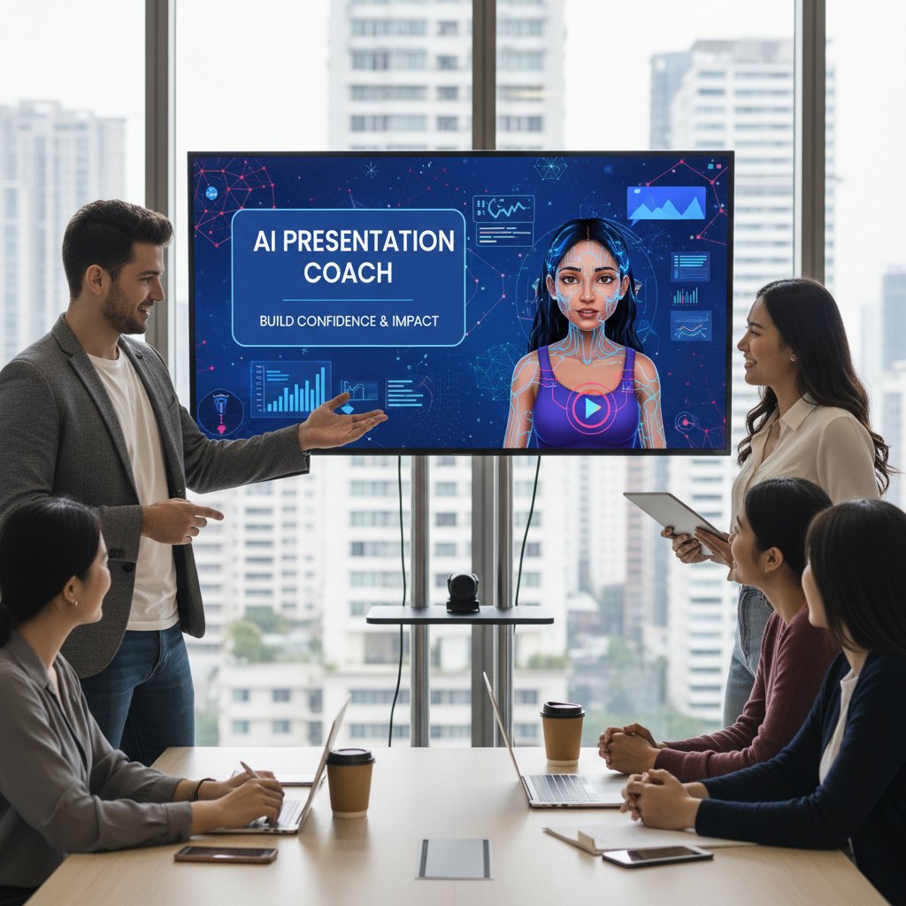 Młody zespół start-upowy trenujący prezentację z pomocą narzędzi AI w nowoczesnej sali konferencyjnej