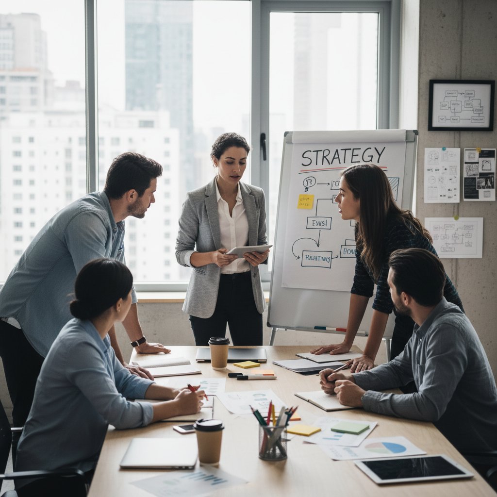 Zespół startupowy podczas intensywnej sesji warsztatowej z doradcą biznesowym, wyraźnie skupieni i zaangażowani