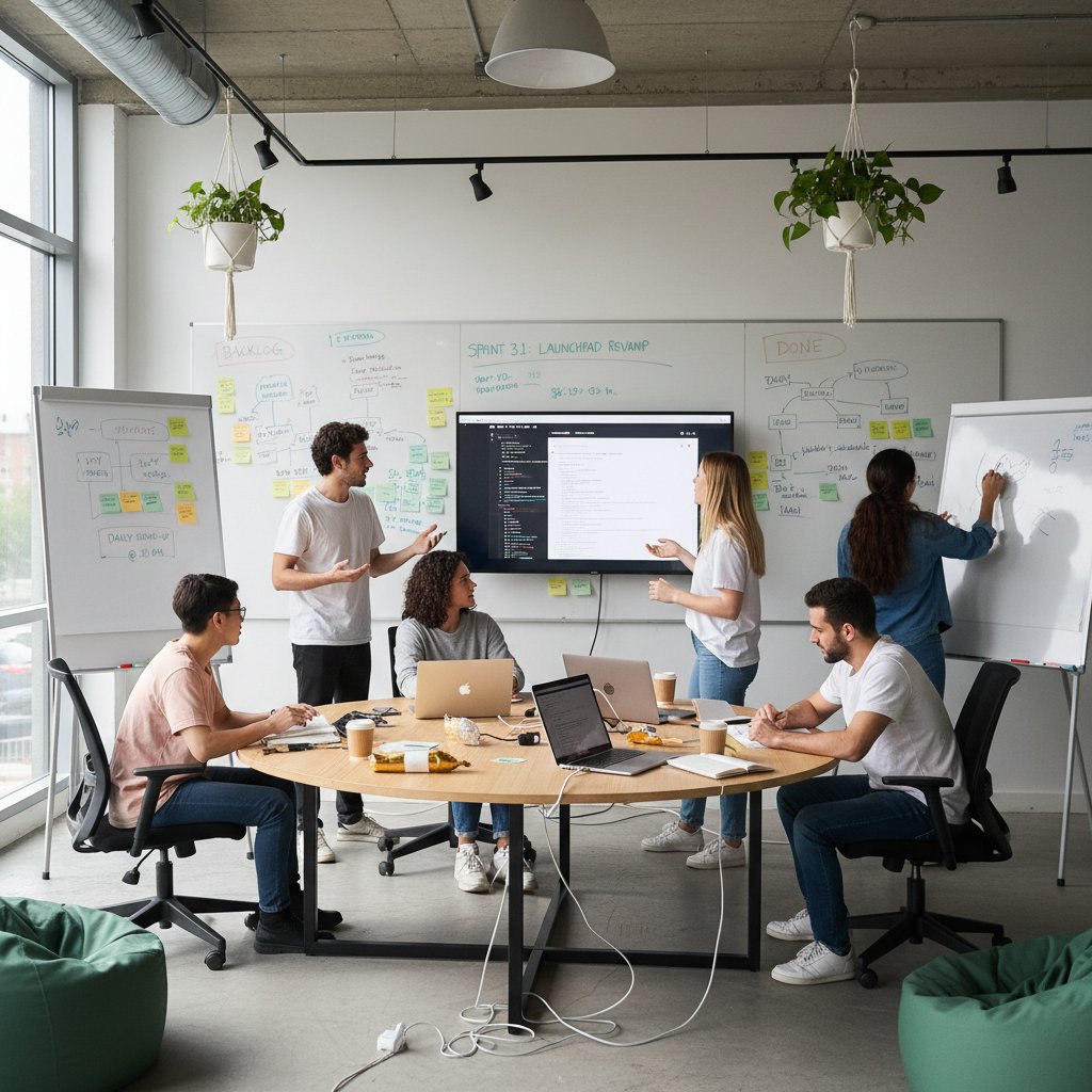 Fast-moving team in a casual workspace, sticky notes mid-air, startup project sprint and agile project handling