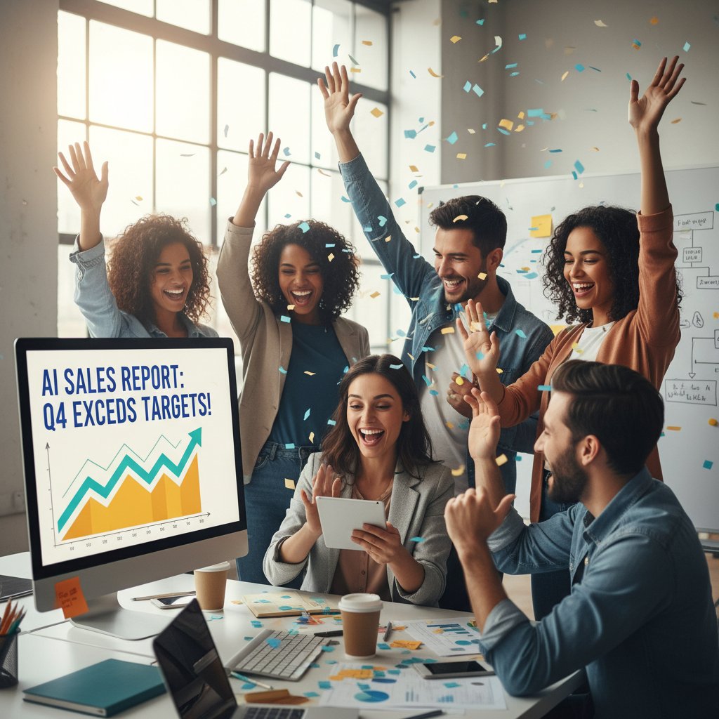 Niewielki zespół startupu świętuje sukces po analizie szybkiego raportu sprzedaży wygenerowanego przez AI