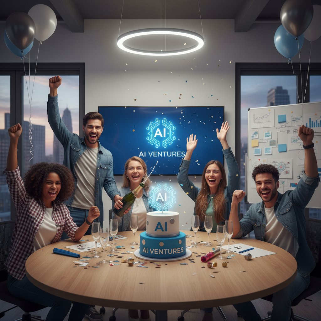 Zespół startupu świętujący sukces po wdrożeniu logo wygenerowanego przez AI