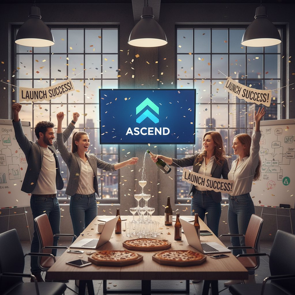 Zespół młodych ludzi świętujący uruchomienie nowego logo w coworkingu