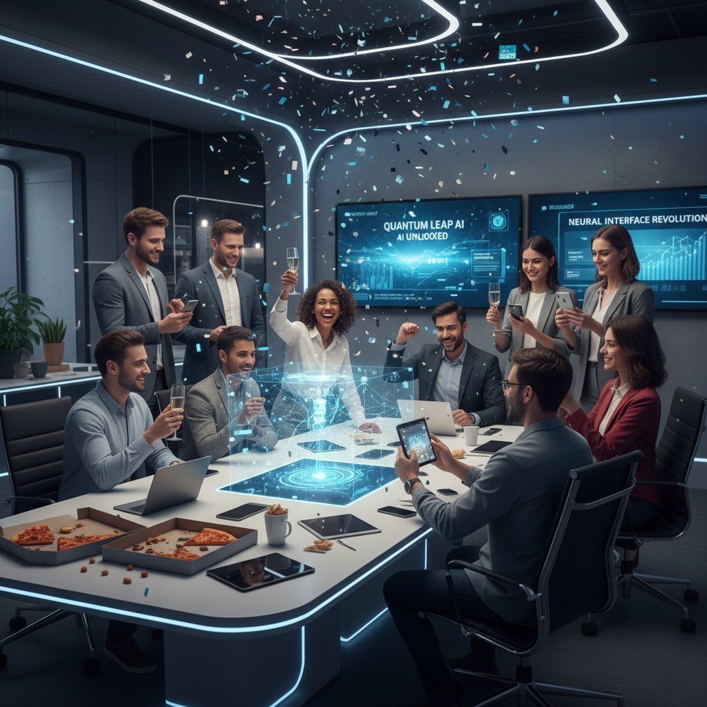 Editorial photo of a startup team celebrating a breakthrough in a modern workspace, illustrating success in technology trend research