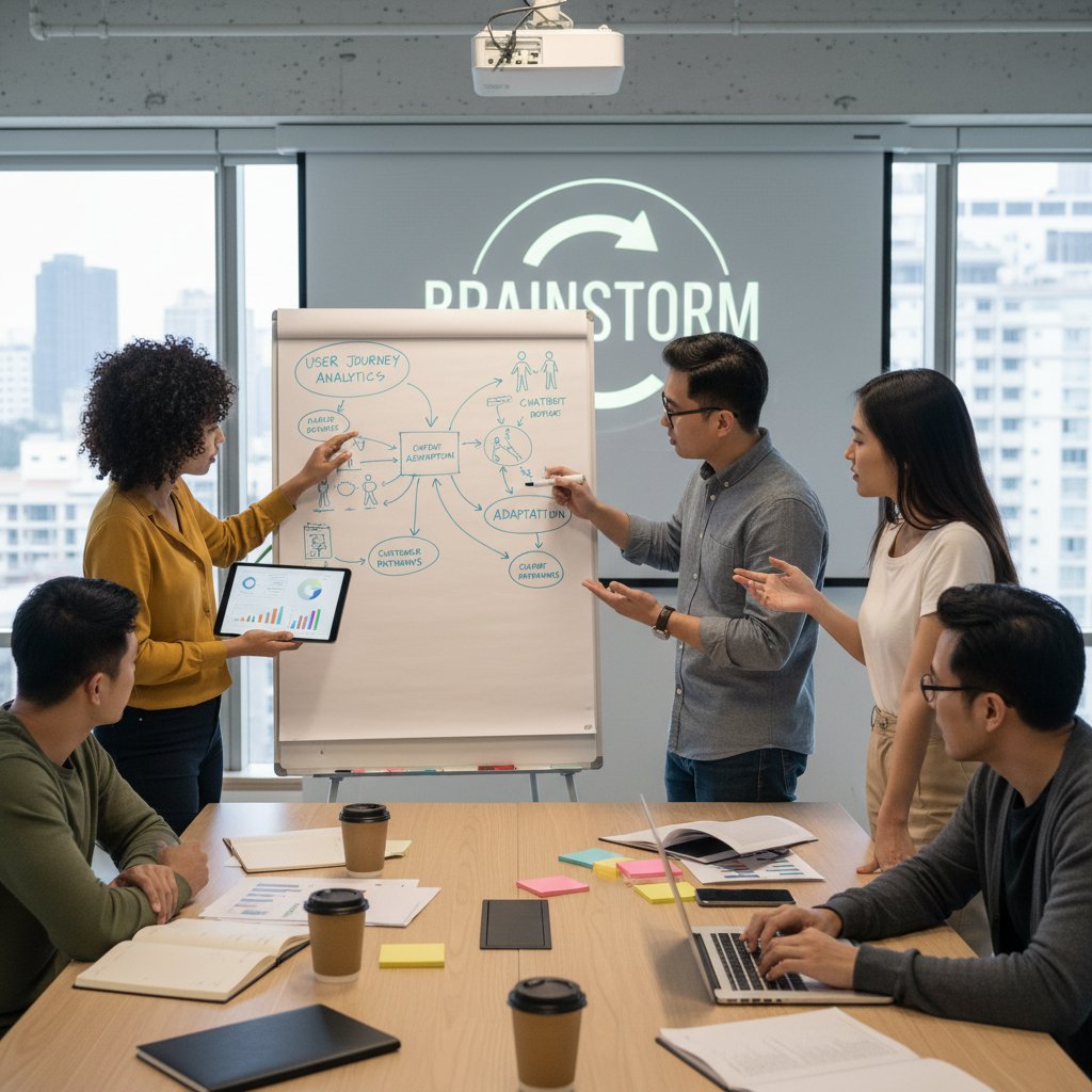 Startup team debating chatbot flow changes around a screen displaying journey analytics and sticky notes
