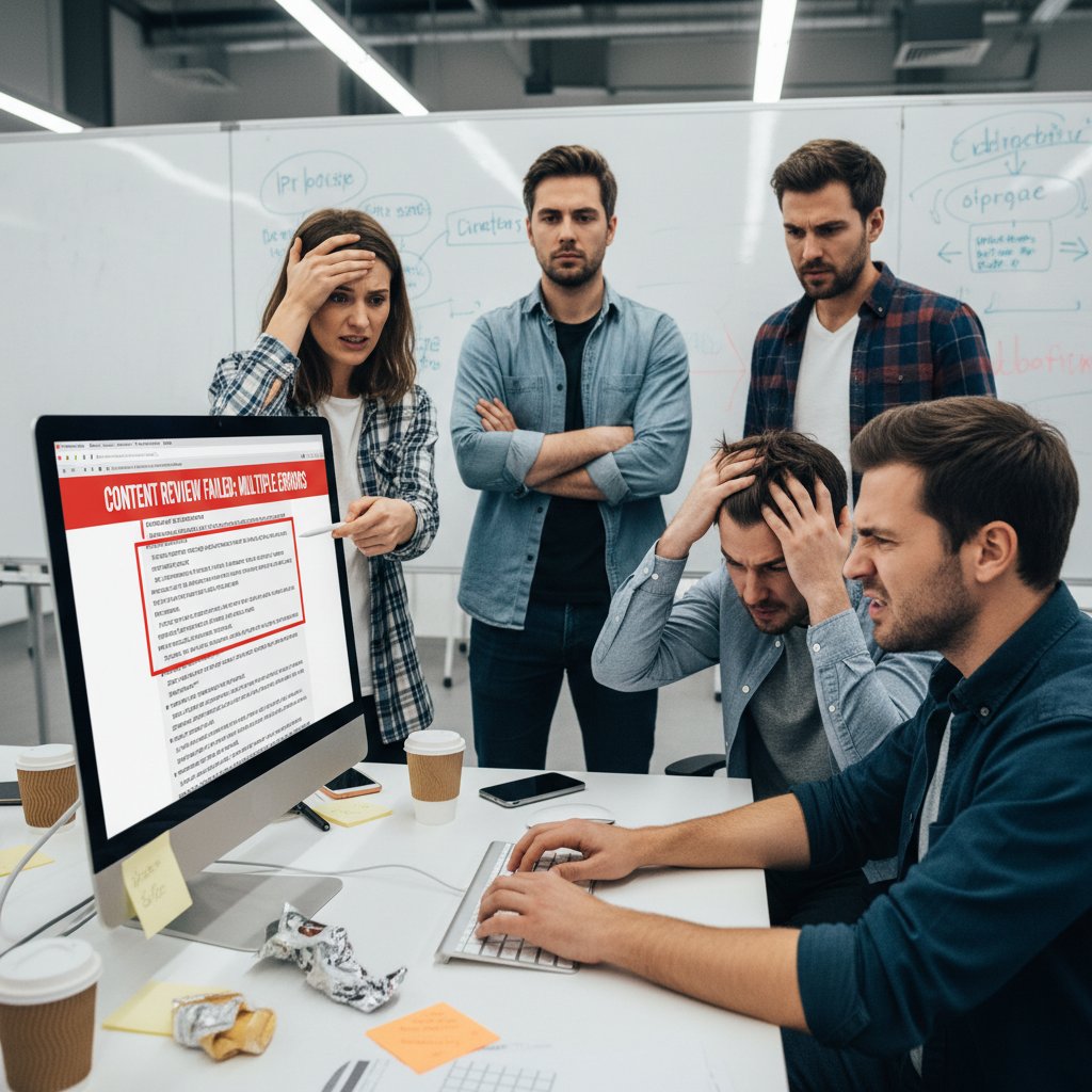 Frustrated startup team experiencing content review tool errors in a high-tech workspace