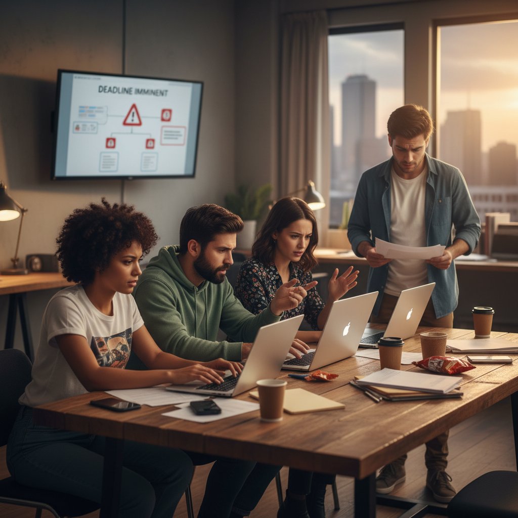 Startup team in gritty office, collaborating with laptops and contracts, capturing urgency and innovation