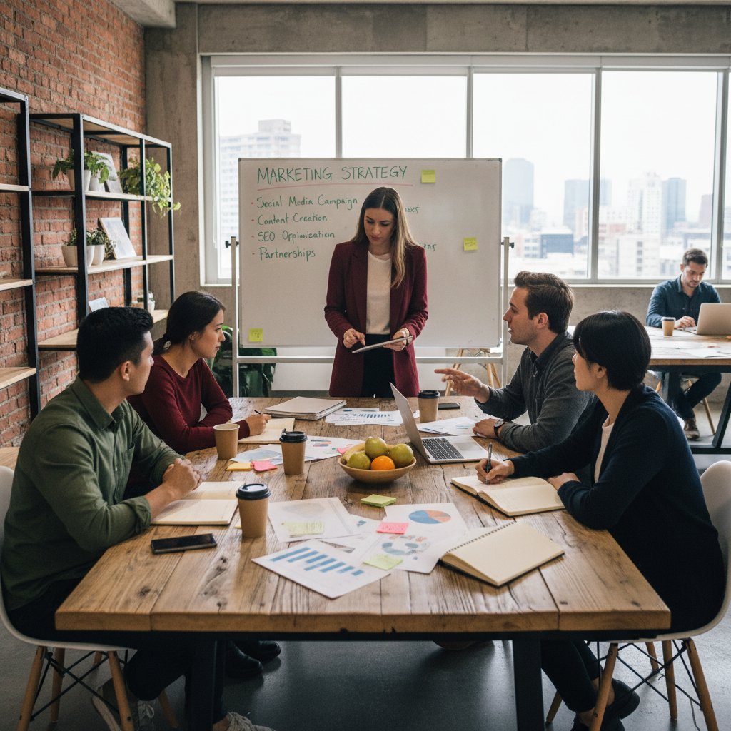 Młody zespół startupowy w coworkingu, praca nad strategią marketingową bez agencji