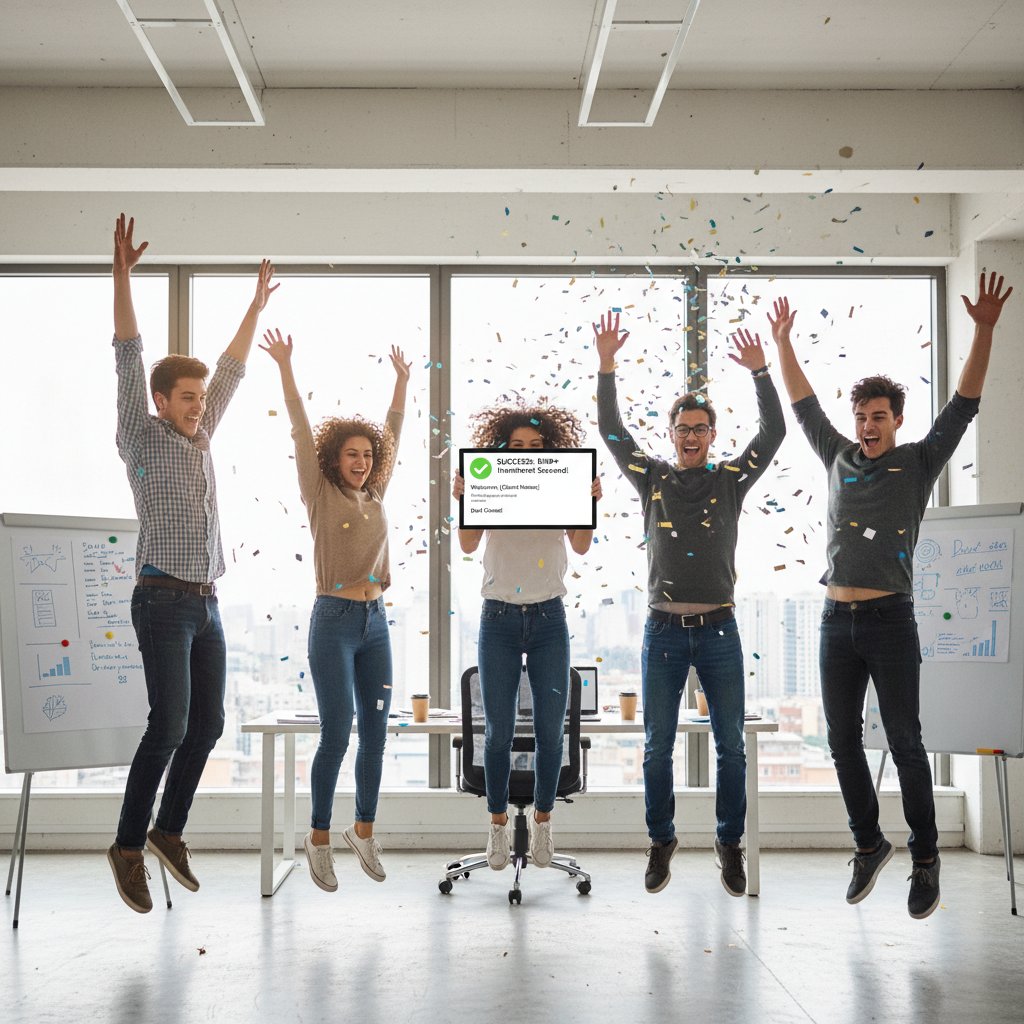 Zespół w startupie świętujący sukces, ekran z widocznym statusem skrzynki email (99% przeczytanych)