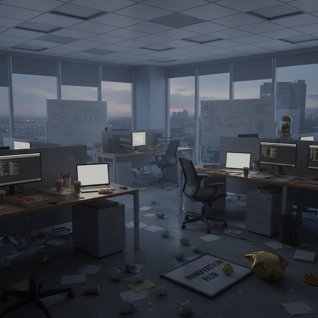 Załamany zespół startupu w pustym biurze, dokumenty rozrzucone na stole, atmosfera klęski
