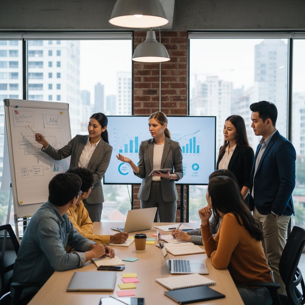 Photo comparison: energetic startup team working around a laptop vs. suited professionals in a large, formal meeting room