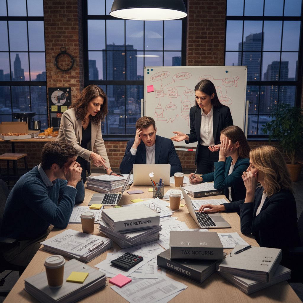 Startup team facing unexpected tax issues, gathered around a table with financial documents