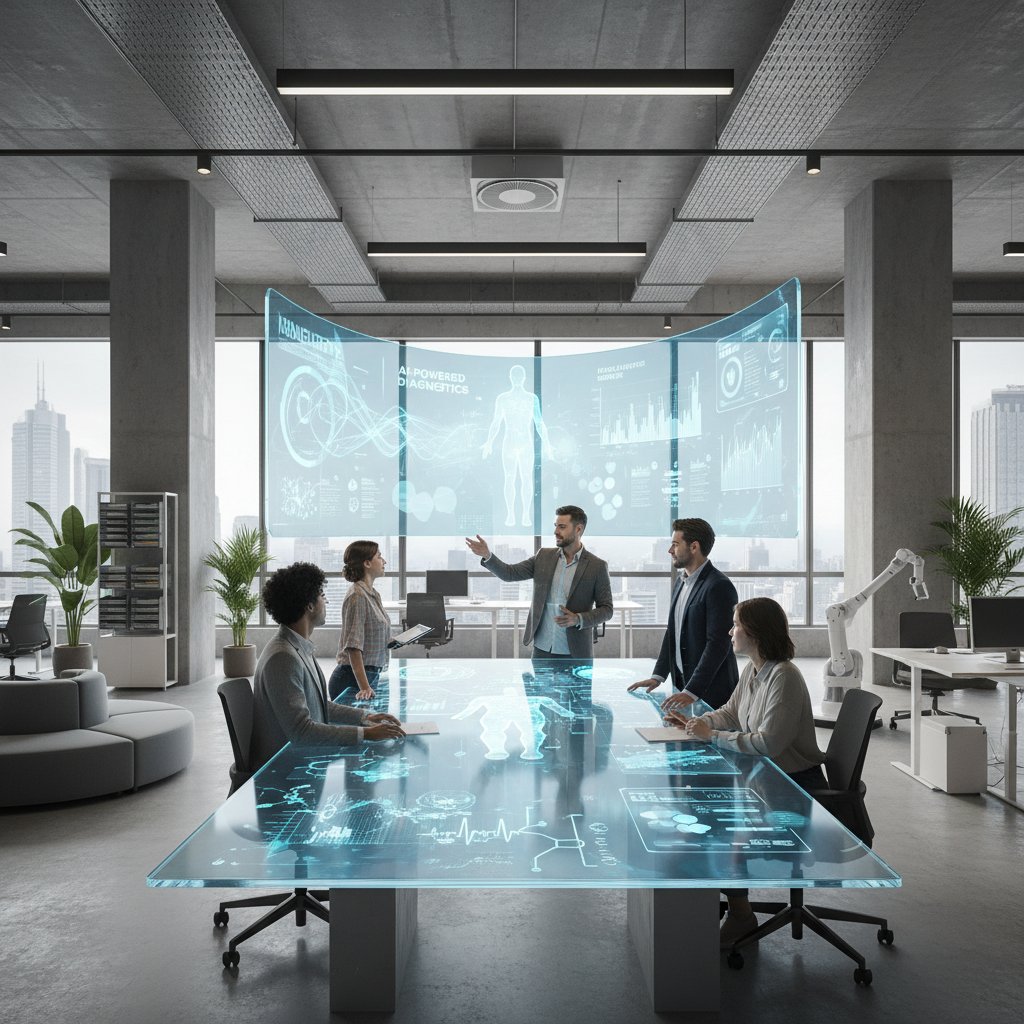 Pracownicy startupu analizują dane zdrowotne na monitorach, cyfrowa medycyna, AI, nowoczesne biuro