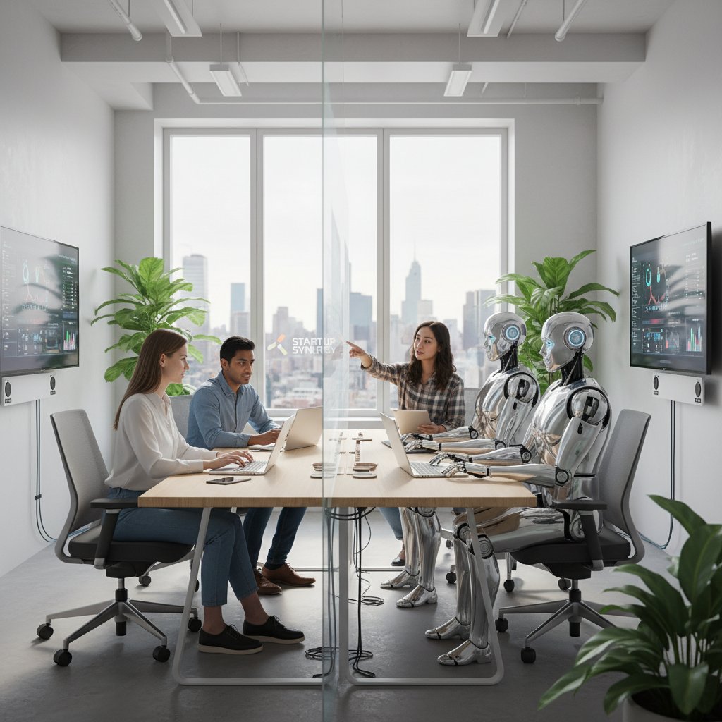 Startupowy zespół pracujący z humanoidalnym robotem w nowoczesnym biurze