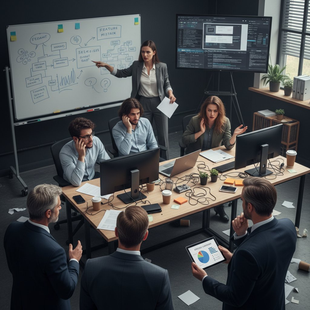 Zespół startupu dyskutuje o błędach wdrożeniowych, doradztwo gospodarcze