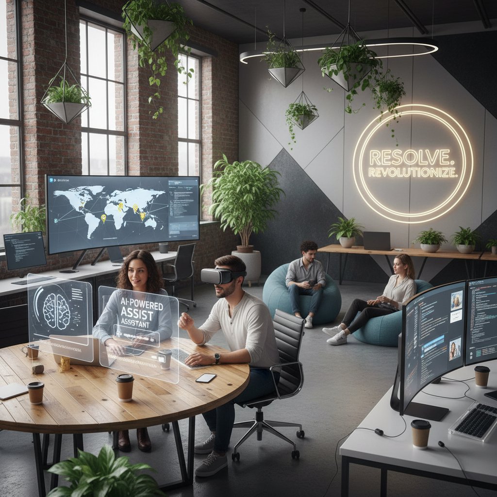 A startup team in a vibrant workspace collaborating over laptops, symbolizing the innovation of smaller customer service software providers