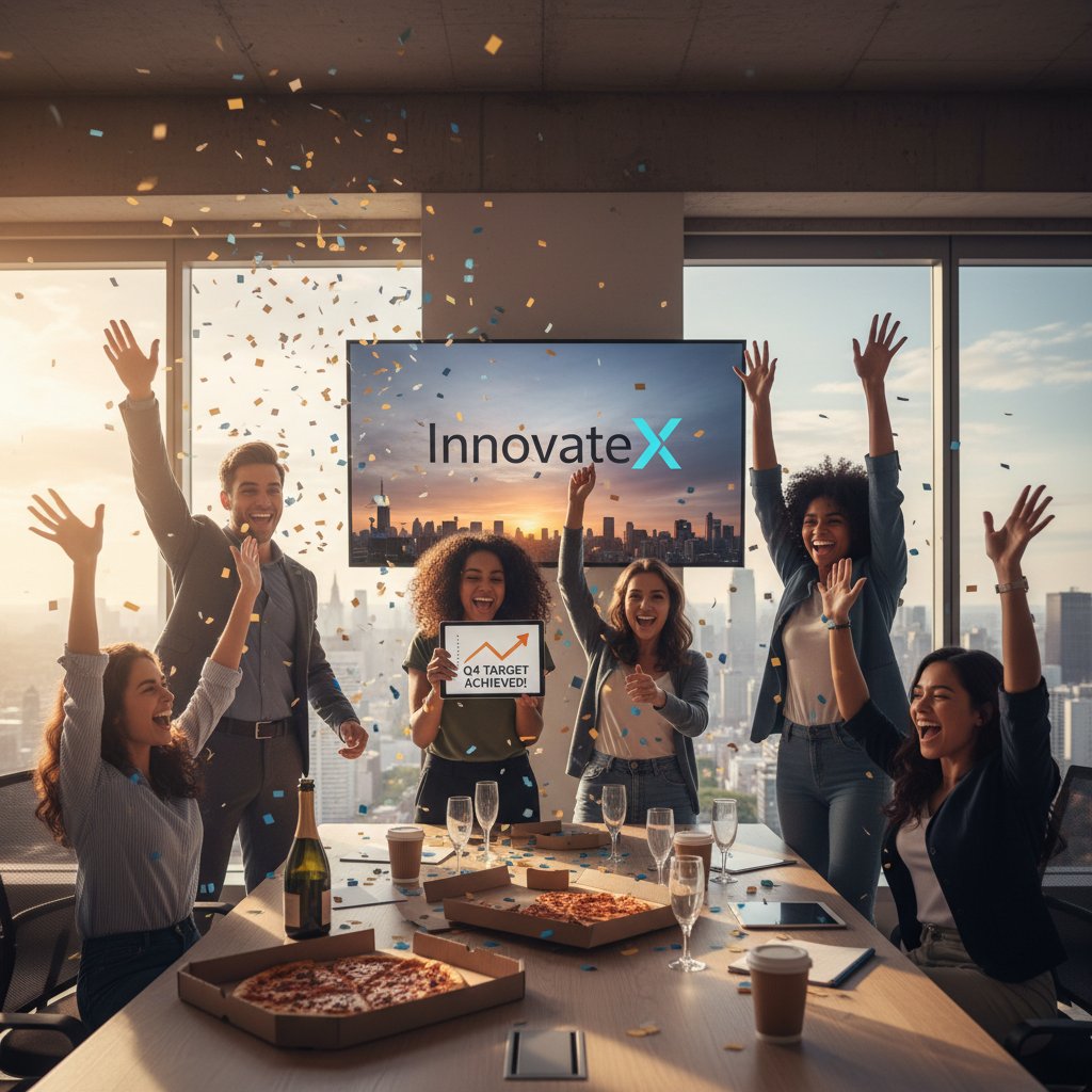 Photo of a small startup team celebrating in a modern office, symbolizing successful big data project