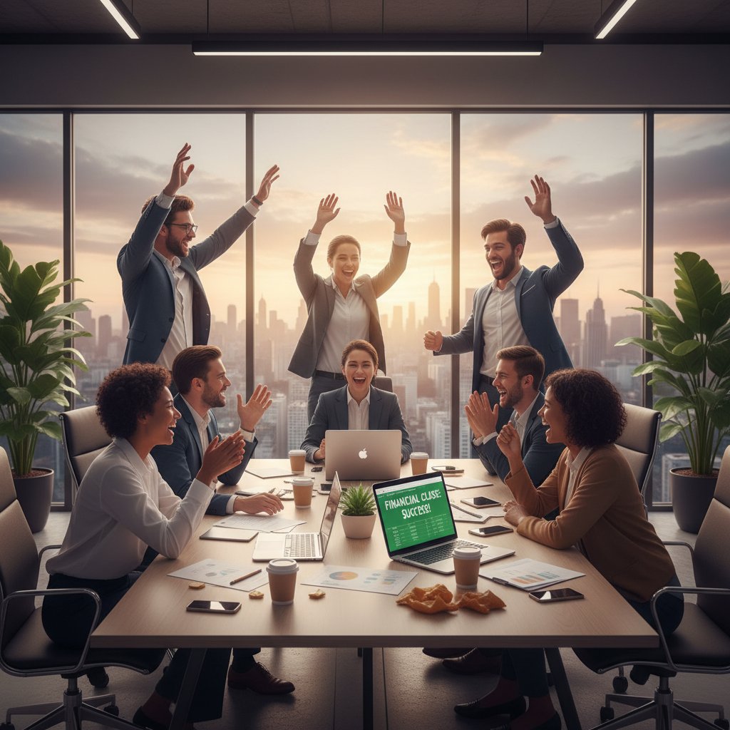 Startup team celebrating successful close, modern office, laptops displaying financial dashboards, relaxed and satisfied