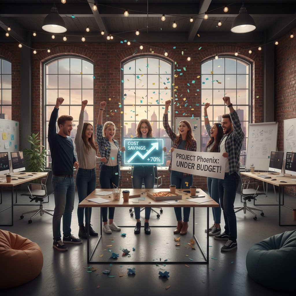 Startup team celebrating in a loft workspace, energized after a successful project and cost savings