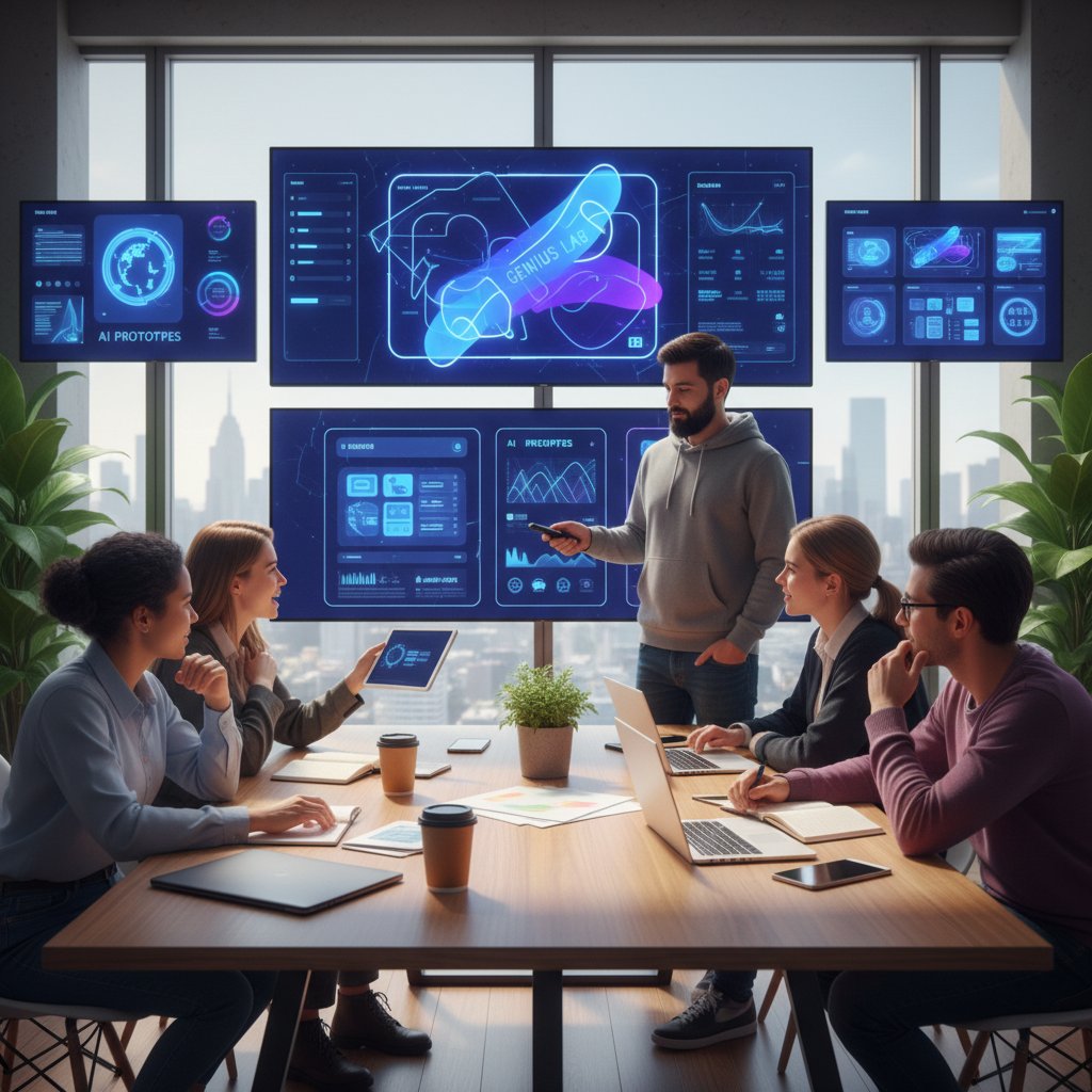Spotkanie zespołu startupowego, prezentacja mockupów generowanych przez AI na ekranie