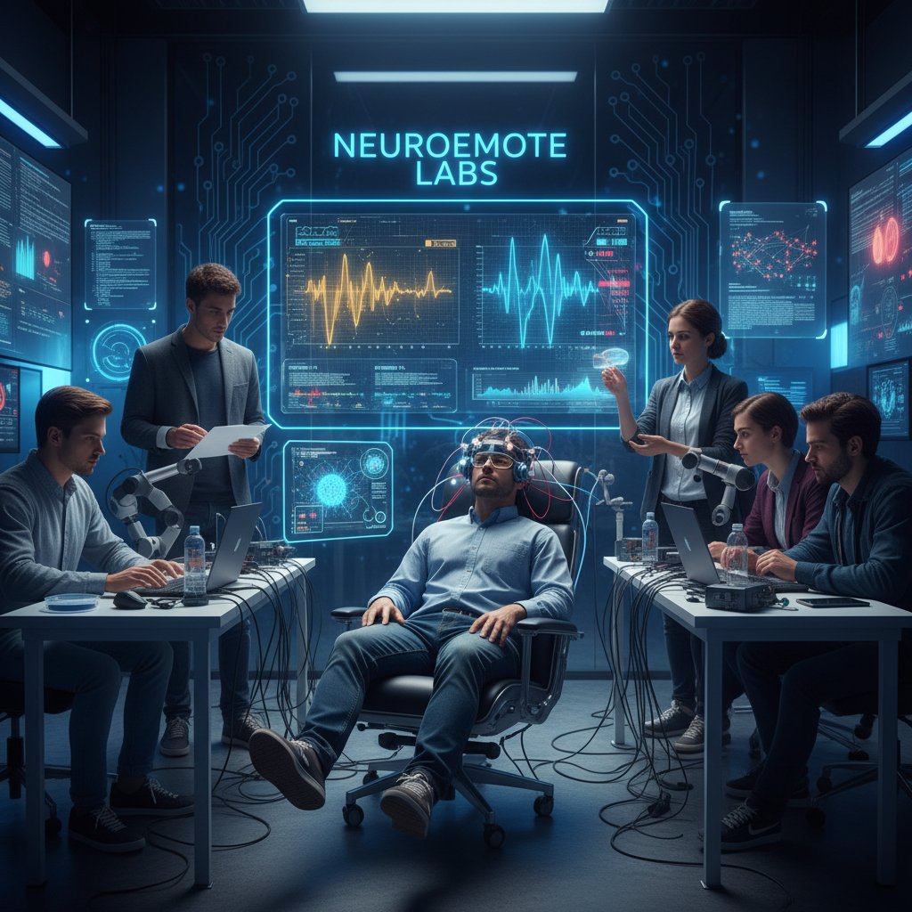 Nowoczesny startup testujący zaawansowane czujniki AI do analizy emocji na ochotnikach