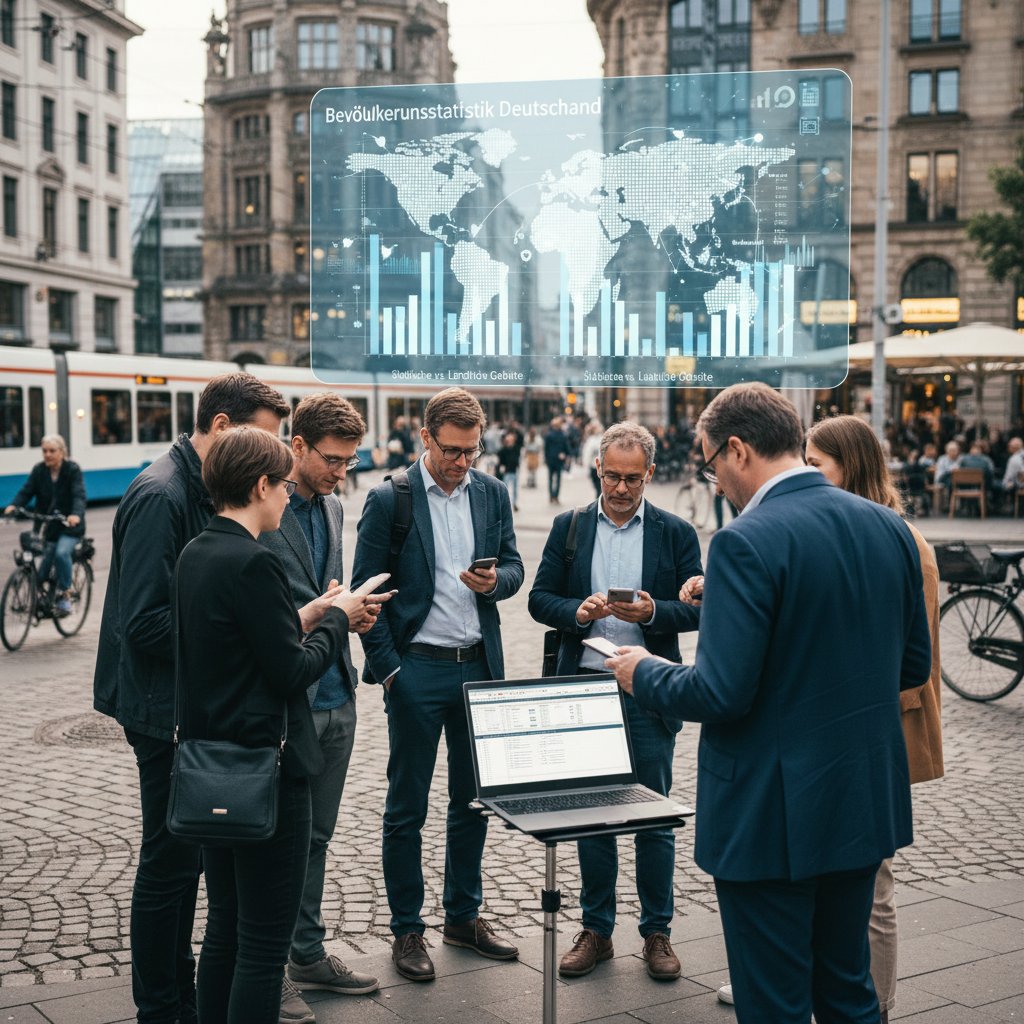 Statistisch dargestellte Menschen verschiedener Altersgruppen in urbaner Umgebung, Smartphone oder Laptop in der Hand – Symbolbild für Online-Beratung in Deutschland