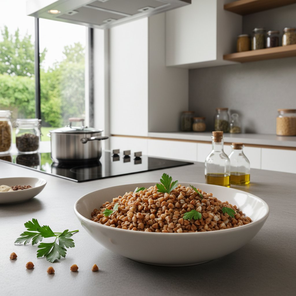 Kasza gryczana gotowana na parze w nowoczesnej kuchni