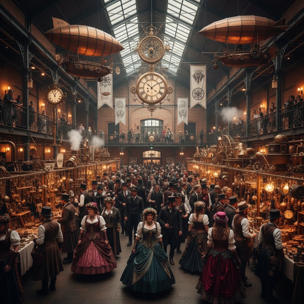 Fans in elaborate steampunk attire at a bustling convention, showing movie-inspired cosplay culture