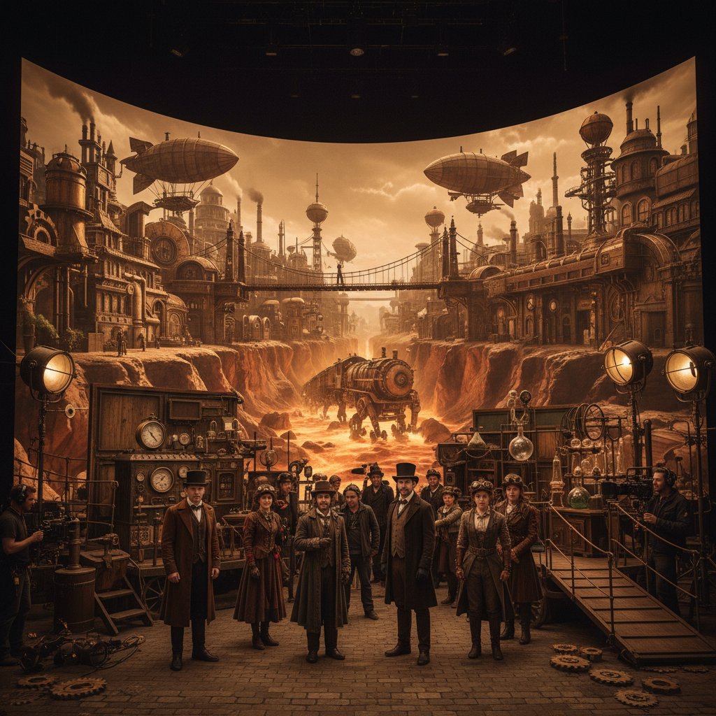 Actors on a hybrid digital-physical steampunk movie set, blending real and virtual worlds