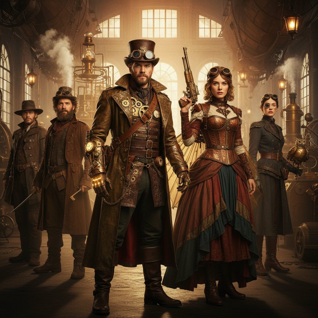 Cast of steampunk movie icons in elaborate costumes, representing genre-defining works