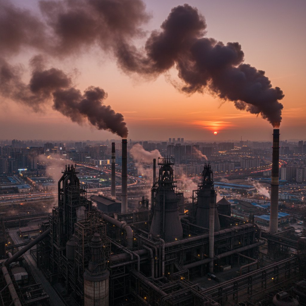 Zdjęcie krajobrazu przemysłowego – huta stali z dymiącymi kominami na tle miasta