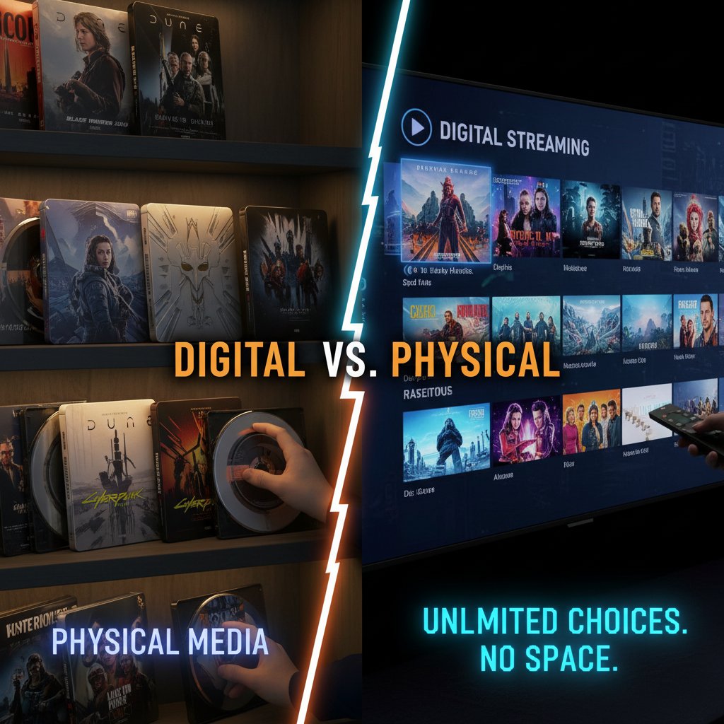 Steelbook collection beside TV streaming menu, representing the contrast between physical and digital movie experiences.