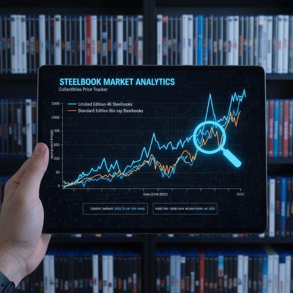 Chart displaying steelbook price fluctuations from 2010 to 2025, highlighting spikes in value for rare releases and dips during reprints.