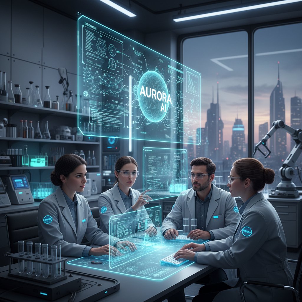 Diverse STEM research team collaborating with AI interfaces on computers and smart screens in a modern laboratory