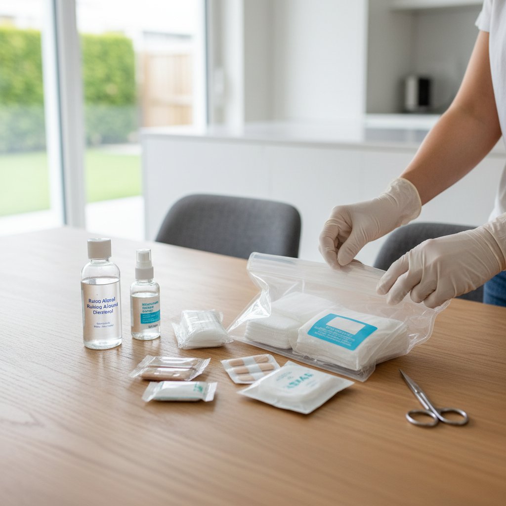 Kompletny zestaw do zmiany opatrunku na białym stole w polskim domu